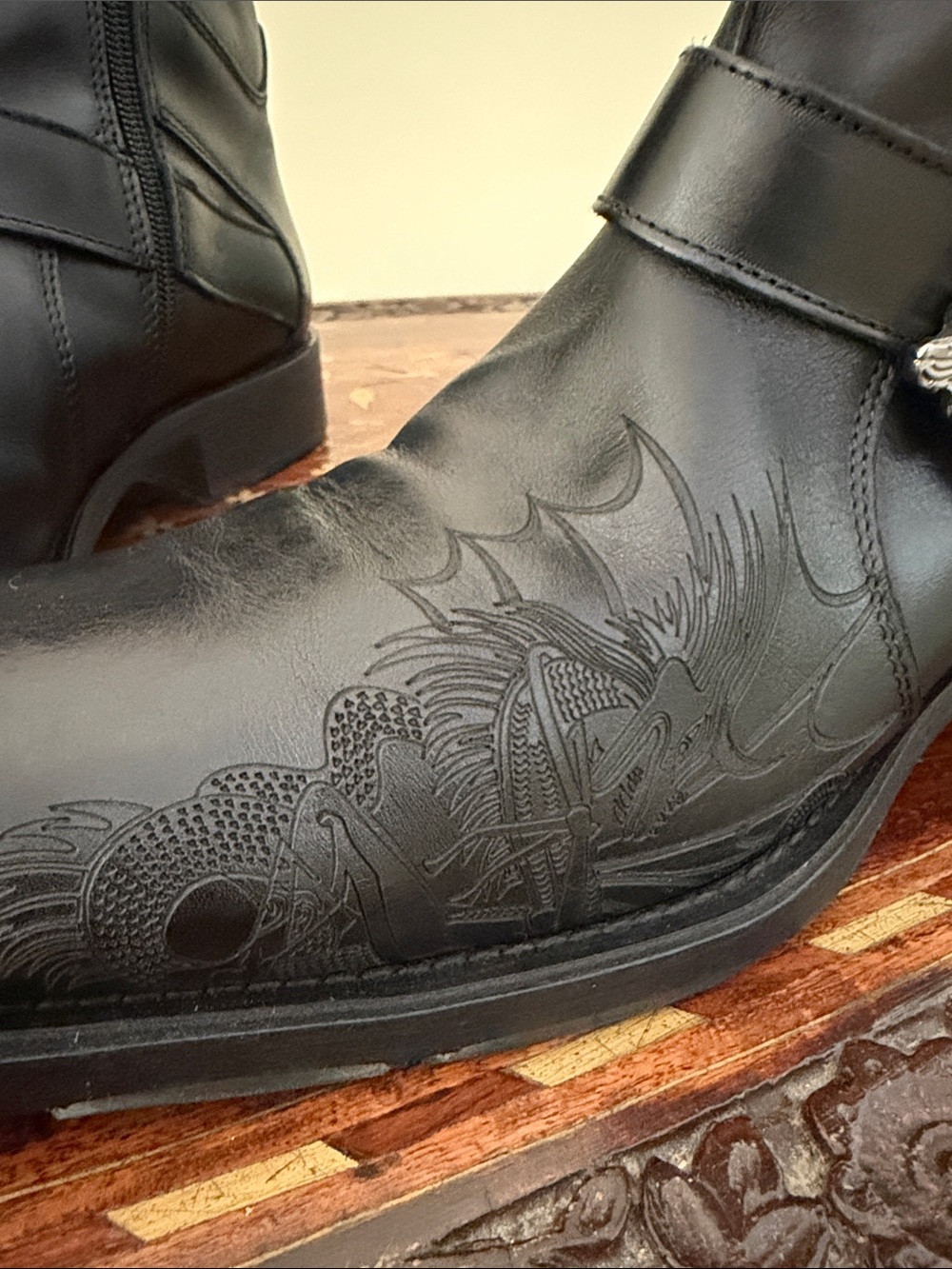 Mark Nason Black Leather Western Embossed Ankle Boots with Strap